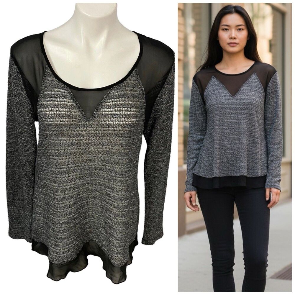 BKE Top Womens Medium Loose Knit Chiffon Trim Overlay Black Gray Date Work Basic
